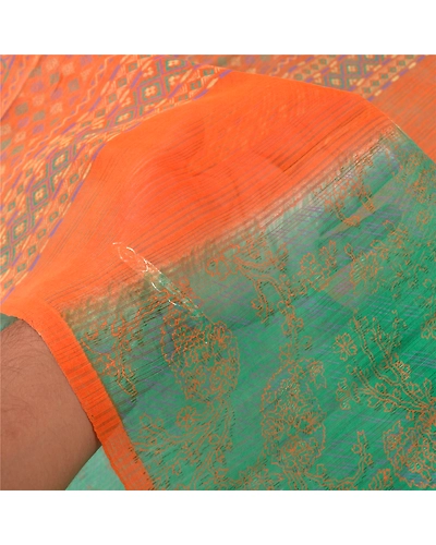 Sanskriti Vintage Green Sarees 100% Pure Silk Block Printed Sari Craft Fabric, PS-60844-Green &amp; Orange-Block Printed Work-Pure Silk-5