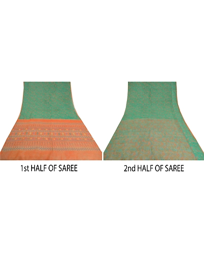 Sanskriti Vintage Green Sarees 100% Pure Silk Block Printed Sari Craft Fabric, PS-60844-Green &amp; Orange-Block Printed Work-Pure Silk-6