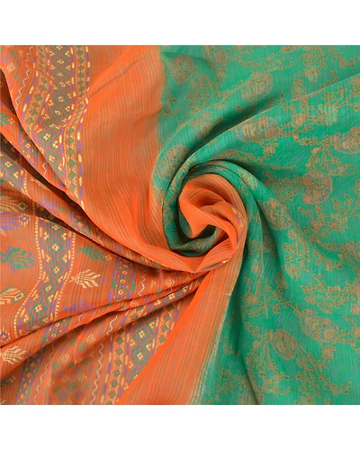 Sanskriti Vintage Green Sarees 100% Pure Silk Block Printed Sari Craft Fabric, PS-60844-Green &amp; Orange-Block Printed Work-Pure Silk-7