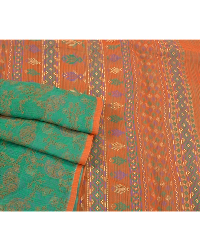 Sanskriti Vintage Green Sarees 100% Pure Silk Block Printed Sari Craft Fabric, PS-60844-Green &amp; Orange-Block Printed Work-Pure Silk-8