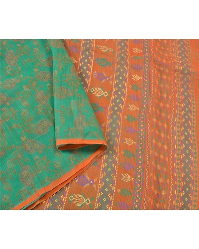 Sanskriti Vintage Green Sarees 100% Pure Silk Block Printed Sari Craft Fabric, PS-60844-Green &amp; Orange-Block Printed Work-Pure Silk-10