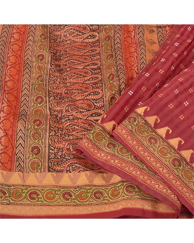 Sanskriti Vintage Dark Red Sarees 100% Pure Silk Block Printed Woven Sari Fabric, PS-60847-Dark Red-Woven Work-Pure Silk-2