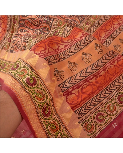 Sanskriti Vintage Dark Red Sarees 100% Pure Silk Block Printed Woven Sari Fabric, PS-60847-Dark Red-Woven Work-Pure Silk-5