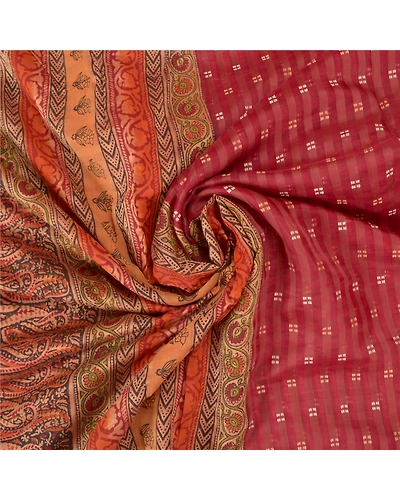 Sanskriti Vintage Dark Red Sarees 100% Pure Silk Block Printed Woven Sari Fabric, PS-60847-Dark Red-Woven Work-Pure Silk-7
