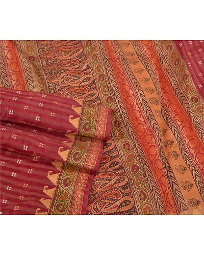 Sanskriti Vintage Dark Red Sarees 100% Pure Silk Block Printed Woven Sari Fabric, PS-60847-Dark Red-Woven Work-Pure Silk-8