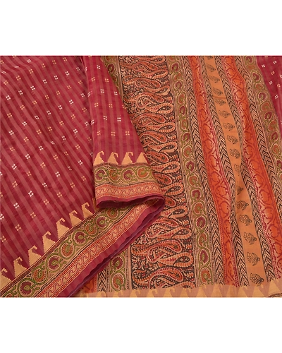 Sanskriti Vintage Dark Red Sarees 100% Pure Silk Block Printed Woven Sari Fabric, PS-60847-Dark Red-Woven Work-Pure Silk-10