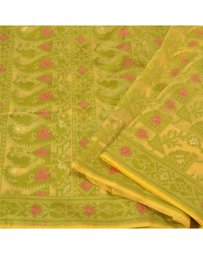 Sanskriti Vintage Cream Sarees Organza Hand-Woven Dhakai Jamdani Sari Fabric, PS-60850-Shade Of Cream-Thread Work-Organza-2
