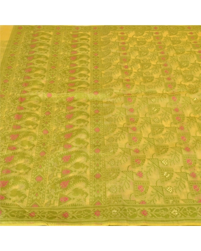 Sanskriti Vintage Cream Sarees Organza Hand-Woven Dhakai Jamdani Sari Fabric, PS-60850-Shade Of Cream-Thread Work-Organza-4
