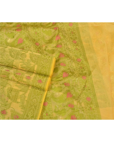 Sanskriti Vintage Cream Sarees Organza Hand-Woven Dhakai Jamdani Sari Fabric, PS-60850-Shade Of Cream-Thread Work-Organza-8