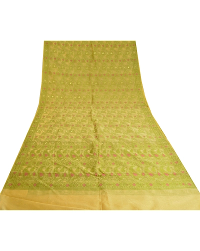 Sanskriti Vintage Cream Sarees Organza Hand-Woven Dhakai Jamdani Sari Fabric, PS-60850-Shade Of Cream-Thread Work-Organza-9
