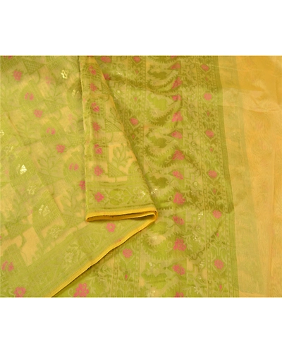 Sanskriti Vintage Cream Sarees Organza Hand-Woven Dhakai Jamdani Sari Fabric, PS-60850-Shade Of Cream-Thread Work-Organza-10