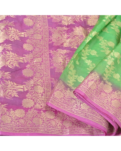 Sanskriti Vintage Green Sarees 100% Pure Silk Woven Premium Sari Craft Fabric, PS-60858-Green &amp; Purple-Woven Work-Pure Silk-2