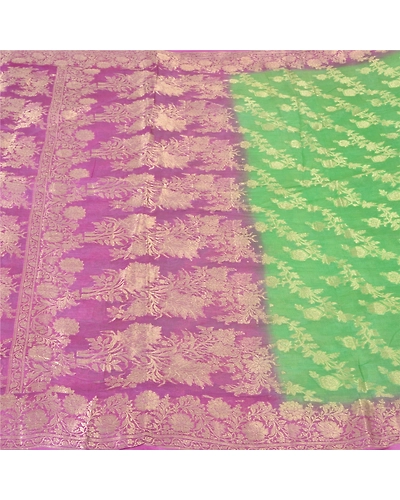 Sanskriti Vintage Green Sarees 100% Pure Silk Woven Premium Sari Craft Fabric, PS-60858-Green &amp; Purple-Woven Work-Pure Silk-4