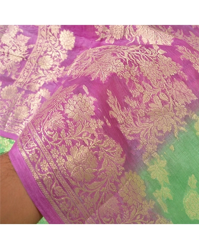 Sanskriti Vintage Green Sarees 100% Pure Silk Woven Premium Sari Craft Fabric, PS-60858-Green &amp; Purple-Woven Work-Pure Silk-5