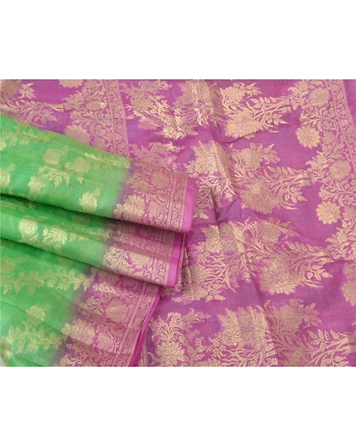 Sanskriti Vintage Green Sarees 100% Pure Silk Woven Premium Sari Craft Fabric, PS-60858-Green &amp; Purple-Woven Work-Pure Silk-8