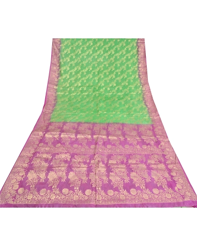 Sanskriti Vintage Green Sarees 100% Pure Silk Woven Premium Sari Craft Fabric, PS-60858-Green &amp; Purple-Woven Work-Pure Silk-9