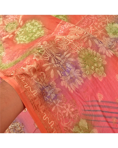 Sanskriti Vintage Peach Sarees 100% Pure Silk Woven Premium Sari Craft Fabric, PS-60865-Shade Of Peach &amp; Green-Woven Work-Pure Silk-5