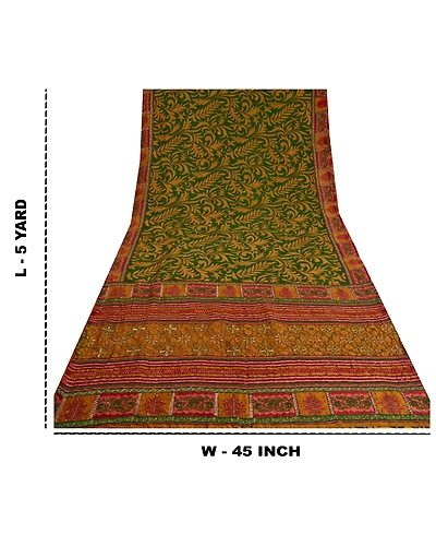 Sanskriti Vintage Green Sarees Pure Silk Hand Beaded Premium Sari Craft Fabric, PS-60875-Green-Zari Work-Pure Silk-1
