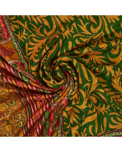 Sanskriti Vintage Green Sarees Pure Silk Hand Beaded Premium Sari Craft Fabric, PS-60875-Green-Zari Work-Pure Silk-7