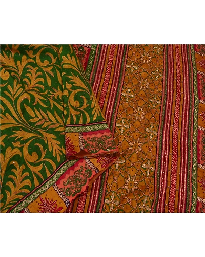 Sanskriti Vintage Green Sarees Pure Silk Hand Beaded Premium Sari Craft Fabric, PS-60875-Green-Zari Work-Pure Silk-10