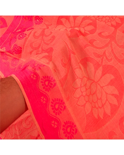 Sanskriti Vintage Peach Indian Sarees 100% Pure Cotton Woven Sari Craft Fabric, PS-60879-Peach-Woven Work-Pure Cotton-5