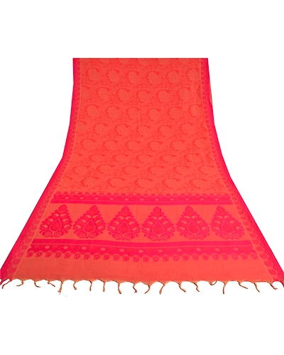 Sanskriti Vintage Peach Indian Sarees 100% Pure Cotton Woven Sari Craft Fabric, PS-60879-Peach-Woven Work-Pure Cotton-9
