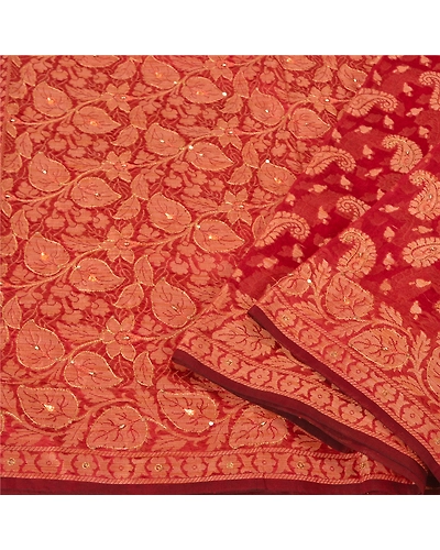 Sanskriti Vintage Indian Sarees Blend Silk Hand Beaded Woven Premium Sari Fabric, PS-60884-Dark Red-Woven Work-Blend Silk-2