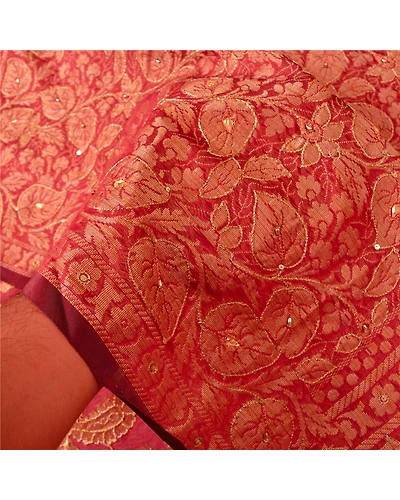 Sanskriti Vintage Indian Sarees Blend Silk Hand Beaded Woven Premium Sari Fabric, PS-60884-Dark Red-Woven Work-Blend Silk-5