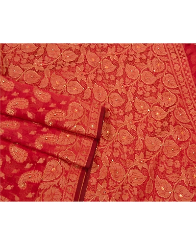Sanskriti Vintage Indian Sarees Blend Silk Hand Beaded Woven Premium Sari Fabric, PS-60884-Dark Red-Woven Work-Blend Silk-8