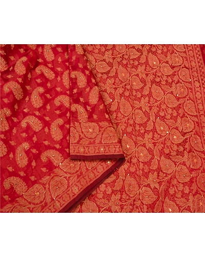 Sanskriti Vintage Indian Sarees Blend Silk Hand Beaded Woven Premium Sari Fabric, PS-60884-Dark Red-Woven Work-Blend Silk-10