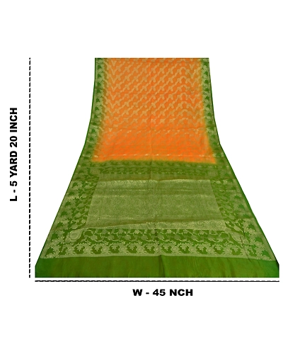 Sanskriti Vintage Saffron Sarees 100% Pure Silk Woven Premium Sari Craft Fabric, PS-60887-Saffron &amp; Green-Woven Work-Pure Silk-1