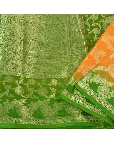 Sanskriti Vintage Saffron Sarees 100% Pure Silk Woven Premium Sari Craft Fabric, PS-60887-Saffron &amp; Green-Woven Work-Pure Silk-2
