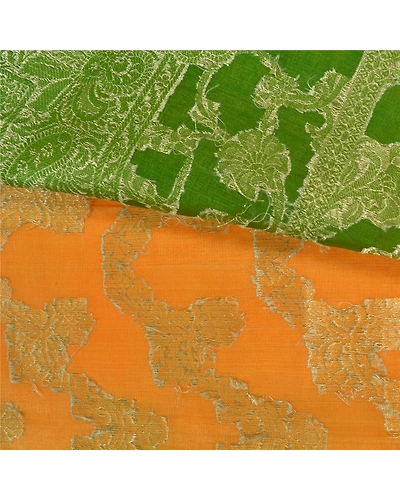 Sanskriti Vintage Saffron Sarees 100% Pure Silk Woven Premium Sari Craft Fabric, PS-60887-Saffron &amp; Green-Woven Work-Pure Silk-3