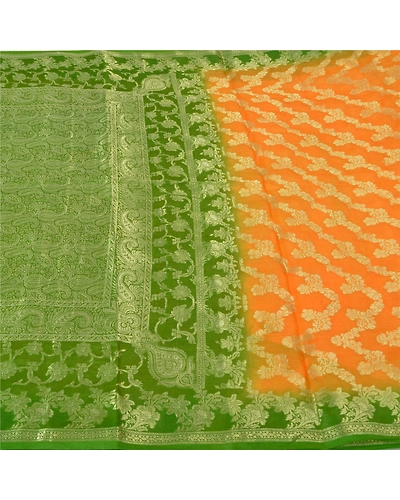 Sanskriti Vintage Saffron Sarees 100% Pure Silk Woven Premium Sari Craft Fabric, PS-60887-Saffron &amp; Green-Woven Work-Pure Silk-4