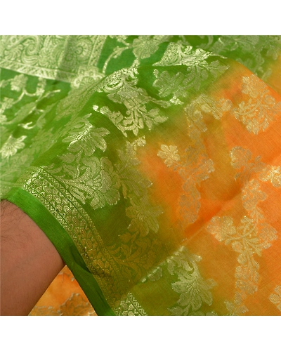 Sanskriti Vintage Saffron Sarees 100% Pure Silk Woven Premium Sari Craft Fabric, PS-60887-Saffron &amp; Green-Woven Work-Pure Silk-5
