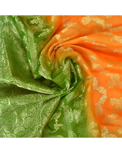 Sanskriti Vintage Saffron Sarees 100% Pure Silk Woven Premium Sari Craft Fabric, PS-60887-Saffron &amp; Green-Woven Work-Pure Silk-7