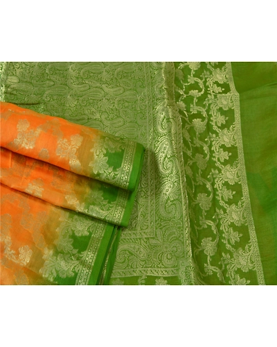 Sanskriti Vintage Saffron Sarees 100% Pure Silk Woven Premium Sari Craft Fabric, PS-60887-Saffron &amp; Green-Woven Work-Pure Silk-8