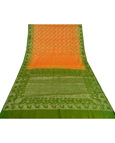 Sanskriti Vintage Saffron Sarees 100% Pure Silk Woven Premium Sari Craft Fabric, PS-60887-Saffron &amp; Green-Woven Work-Pure Silk-9