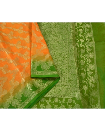 Sanskriti Vintage Saffron Sarees 100% Pure Silk Woven Premium Sari Craft Fabric, PS-60887-Saffron &amp; Green-Woven Work-Pure Silk-10