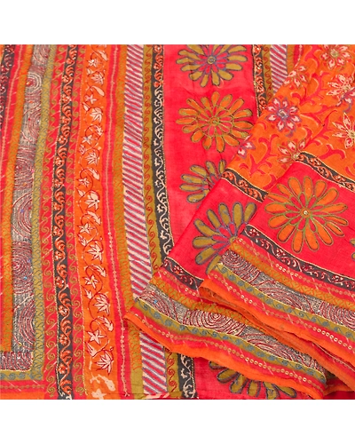 Sanskriti Vintage Orange Sarees 100% Pure Silk Hand Beaded Premium Sari Fabric, PS-60894-Orange-Thread Work-Pure Silk-2