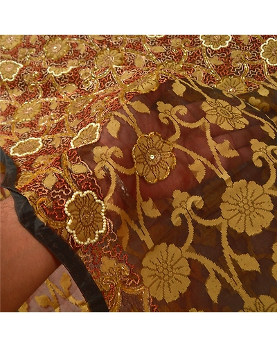 Sanskriti Vintage Brown Sarees Pure Organza Silk Hand Beaded Woven Sari Fabric, PS-60897-Brown-Woven Work-Pure Organza Silk-5
