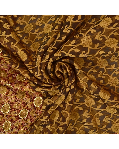 Sanskriti Vintage Brown Sarees Pure Organza Silk Hand Beaded Woven Sari Fabric, PS-60897-Brown-Woven Work-Pure Organza Silk-7
