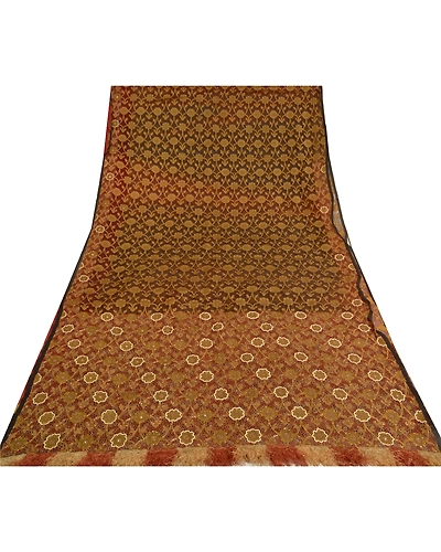 Sanskriti Vintage Brown Sarees Pure Organza Silk Hand Beaded Woven Sari Fabric, PS-60897-Brown-Woven Work-Pure Organza Silk-9
