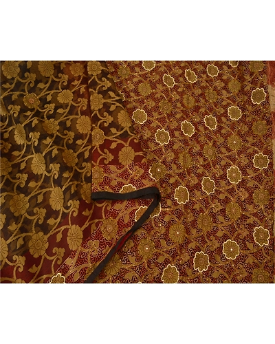 Sanskriti Vintage Brown Sarees Pure Organza Silk Hand Beaded Woven Sari Fabric, PS-60897-Brown-Woven Work-Pure Organza Silk-10