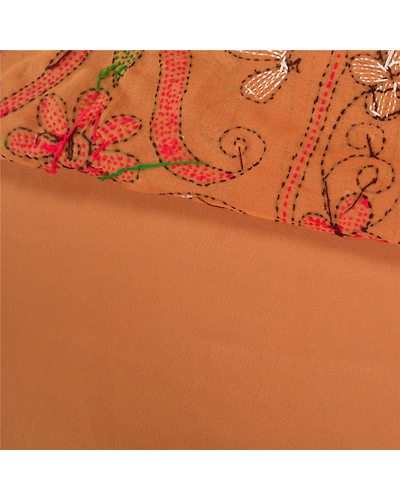 Sanskriti Vintage Brown Sarees Georgette Hand Beaded Kantha Premium Sari Fabric, PS-60901-Shade Of Brown-Thread Work-Georgette-3