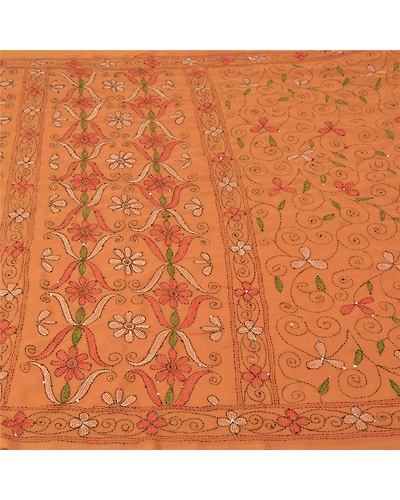 Sanskriti Vintage Brown Sarees Georgette Hand Beaded Kantha Premium Sari Fabric, PS-60901-Shade Of Brown-Thread Work-Georgette-4
