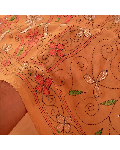 Sanskriti Vintage Brown Sarees Georgette Hand Beaded Kantha Premium Sari Fabric, PS-60901-Shade Of Brown-Thread Work-Georgette-5