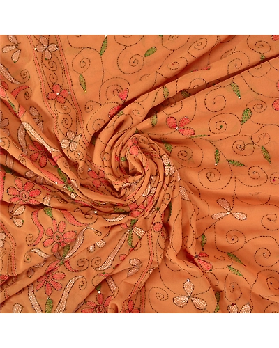 Sanskriti Vintage Brown Sarees Georgette Hand Beaded Kantha Premium Sari Fabric, PS-60901-Shade Of Brown-Thread Work-Georgette-7