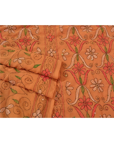 Sanskriti Vintage Brown Sarees Georgette Hand Beaded Kantha Premium Sari Fabric, PS-60901-Shade Of Brown-Thread Work-Georgette-8