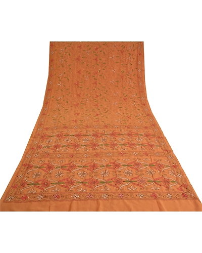 Sanskriti Vintage Brown Sarees Georgette Hand Beaded Kantha Premium Sari Fabric, PS-60901-Shade Of Brown-Thread Work-Georgette-9